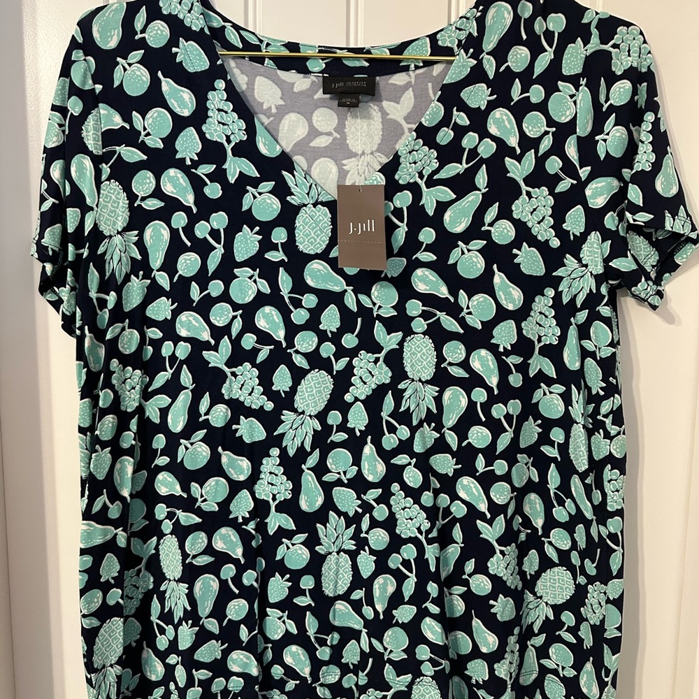 J. Jill Navy and Mint Green Patterned Top